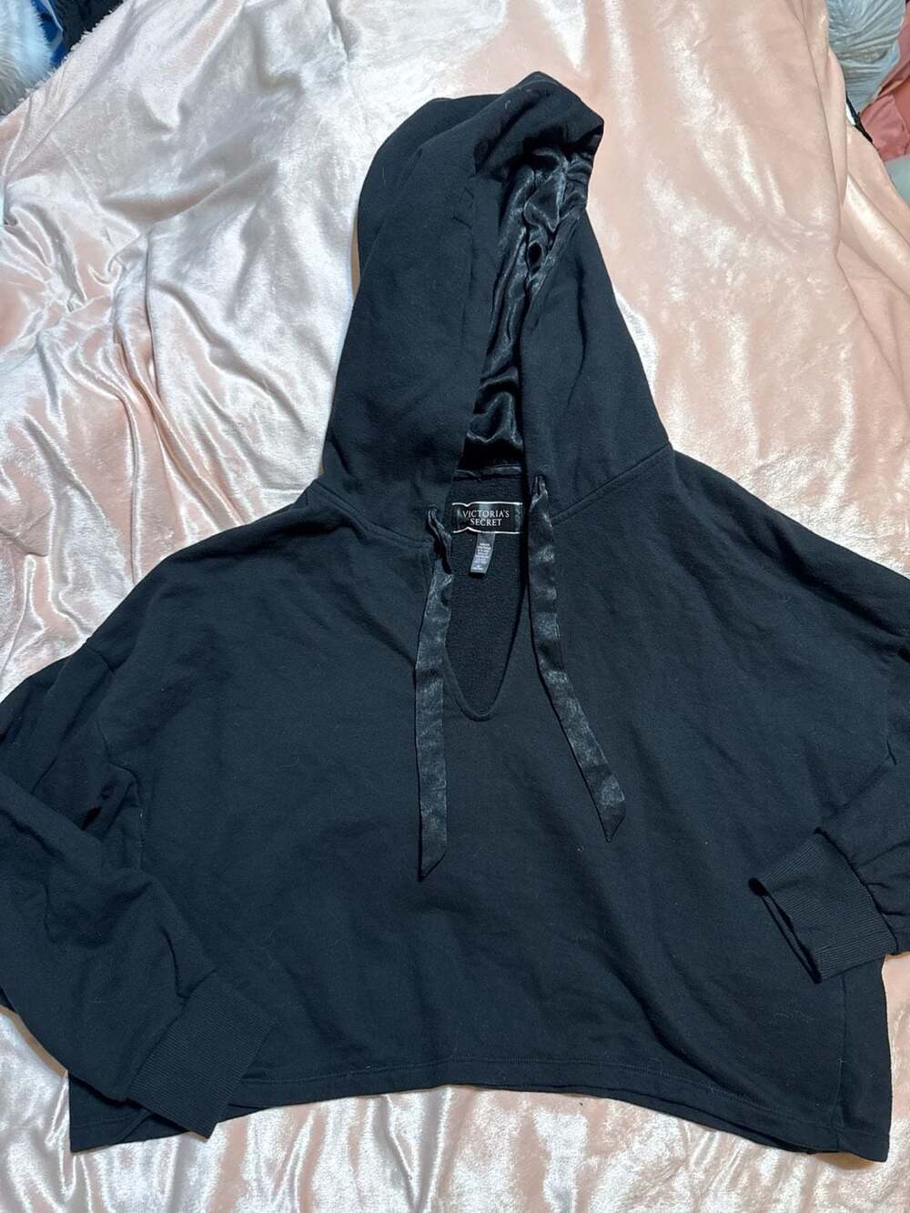 Victoria's Secret Black Satin Lined Cropped Hoodie Ribbon Drawstring Size M